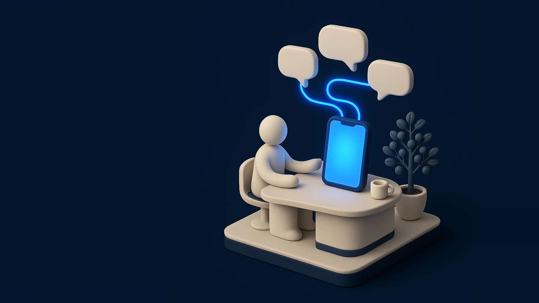 Cena isométrica de atendimento em miniatura de argila: uma figura conversa diante de um telefone gigante de tela acesa, de onde um filete de luz azul sobe até três balões de conversa.