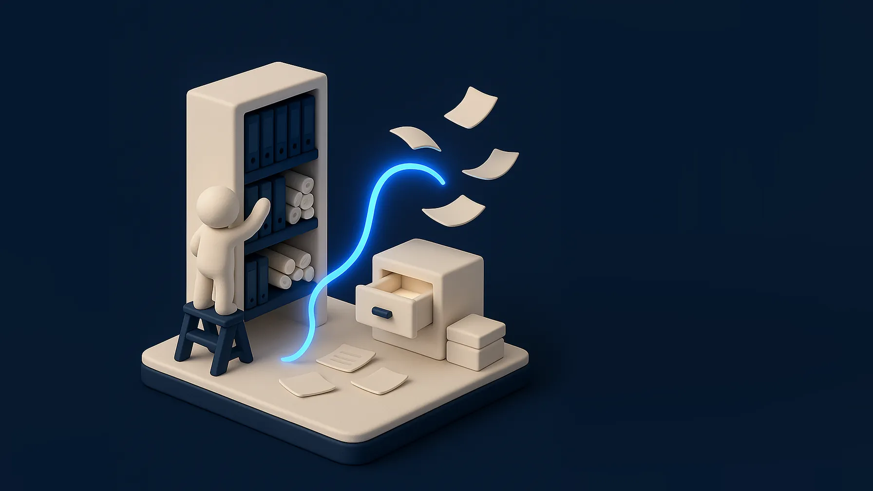 Cena isométrica de um arquivo de conhecimento em miniatura de argila: prateleira de pastas navy com páginas voando por um filete de luz azul até uma gaveta organizada, enquanto uma figura busca uma pasta numa escada.